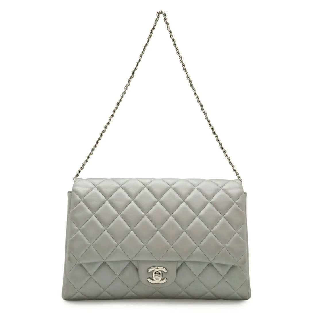 CHANEL MATELASSE COCO MARK CHAIN BAG: CHANEL Matelasse Coco Mark Chain Bag Brand: Chanel Type/Style: Shoulder bag Material: Leather Color: Silver Size: (HxWxD) 19.5cm x 27.5cm x 4cm / 7.67inch x 10.82inch x 1.57inch Accessories: None