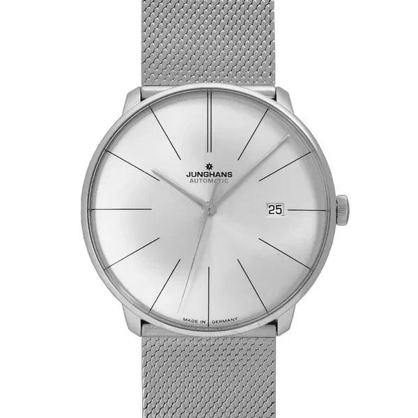 JUNGHANS MEISTER FEIN AUTOMATIC WATCH: JUNGHANS Meister fein Automatic Watch Brand: Junghans Type/Style: Wristwatch Material: Case Material Stainless Steel Band Material: Stainless Steel Color: Dial Color: Silver Size: Case Diameter: 39.5