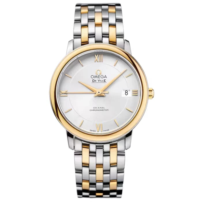 OMEGA DE VILLE PRESTIGE CO-AXIAL WATCH: Omega De Ville Prestige Co-Axial Watch Brand: OMEGA Type/Style: Wristwatch Material: Case Material Material (Main) Stainless Steel, Yellow Gold Color: Silver Size: Case Size 36.8mm Accessories: None