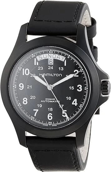 HAMILTON KHAKI FIELD KING AUTOMATIC BLACK DIAL WATCH: Hamilton Khaki Field King Automatic Black Dial WATCH Brand: Hamilton Type/Style: Wristwatch Material: Case Material Stainless Steel Band Material Leather Color: Case Color Beige Band Color Beige Dial