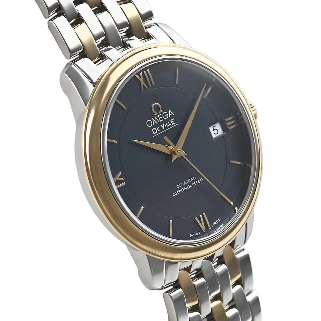 OMEGA DE VILLE PRESTIGE CO-AXIAL WATCH: Omega De Ville Prestige Co-Axial Watch Brand: OMEGA Type/Style: Wristwatch Material: Case Material Material (Main) Stainless Steel, Yellow Gold Color: Blue Size: Case Size 36.8mm Case Thickness 9.5mm