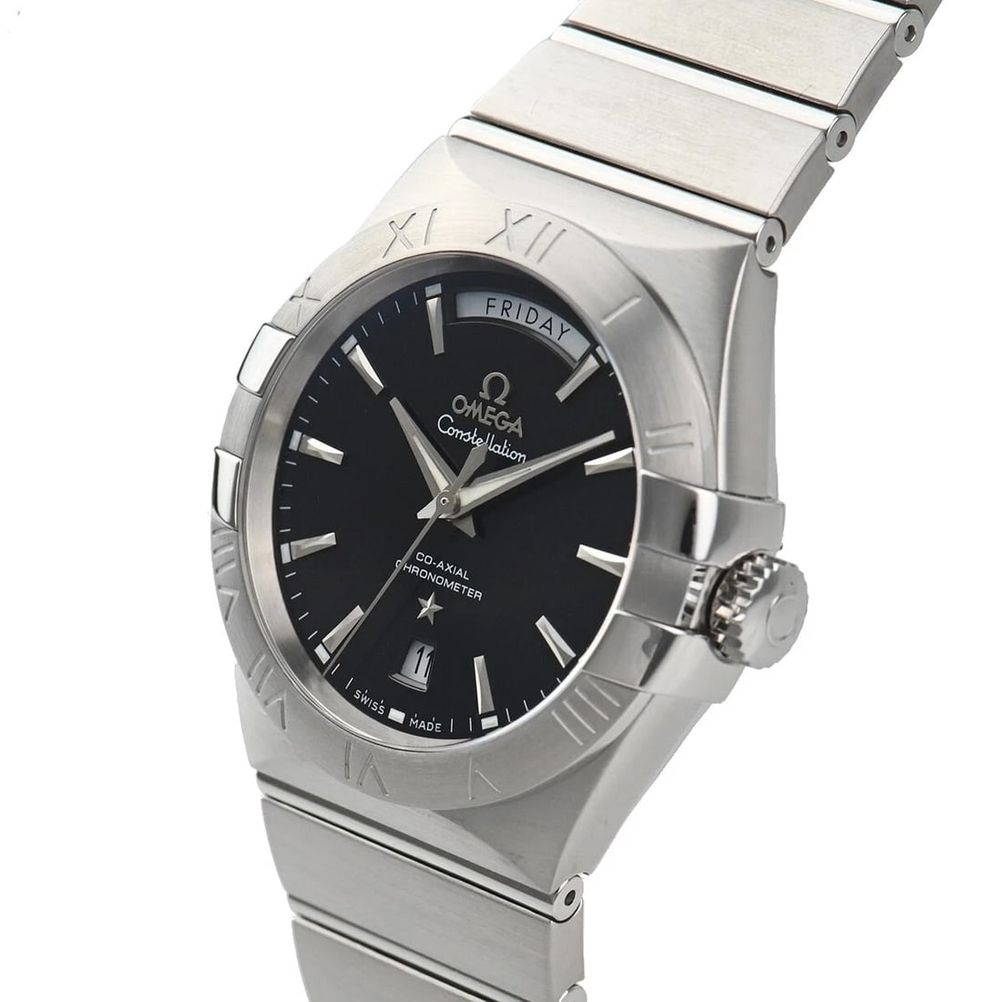 OMEGA CONSTELLATION CO-AXIAL CHRONOMETER DAY DATE WATCH: Omega Constellation Co-Axial Chronometer Day Date Watch Brand: OMEGA Type/Style: Wristwatch Material: Case Material Material (main) stainless steel Color: black Size: Case size 38.0mm Accessories: