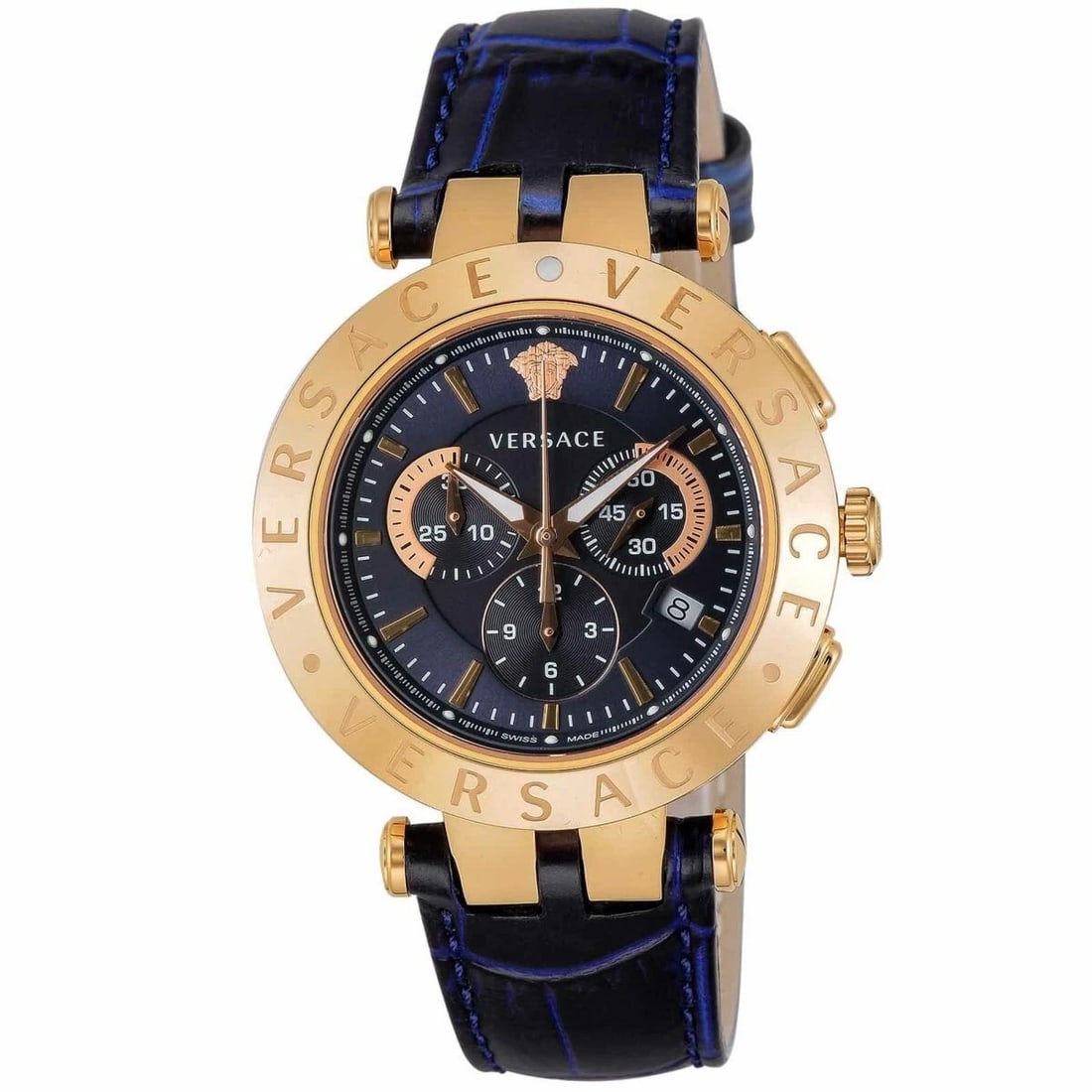 VERSACE V-RACE CHRONO WATCH: VERSACE V-RACE Chrono WATCH Brand: Versace Type/Style: Wristwatch Material: Case Material Stainless steel (IP pink gold) Color: Dial color?navy Size: Case: 42mm (H) x 42mm (W) x 11mm (D) Accessories: