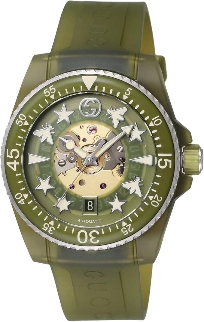 GUCCI WATCH DIVE GREEN DIAL SAPPHIRE GLASS AUTOMATIC WATCH: Gucci Watch DIVE Green Dial Sapphire Glass Automatic Watch Brand: Gucci Type/Style: Wristwatch Material: Case Material Bio-based plastic case Band material/type Bio-based plastic strap Color: Band col