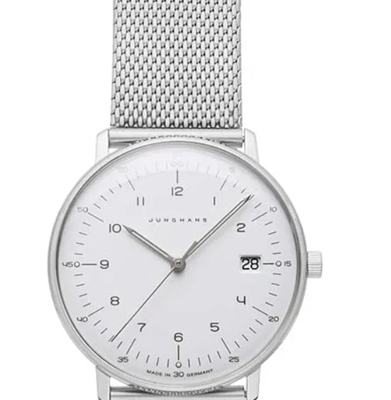 JUNGHANS MAX BILL WATCH: JUNGHANS Max Bill Watch Brand: Junghans Type/Style: Wristwatch Material: Case Material Stainless Steel Band Material: Stainless Steel Color: Dial Color: White Size: Case Diameter: 33 mm Accessories: