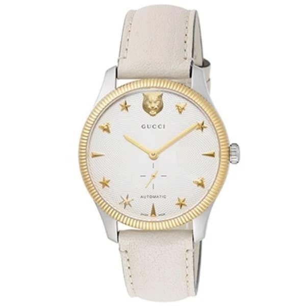 GUCCI G-TIMELESS WHITE WATCH: GUCCI G-Timeless White Watch Brand: Gucci Type/Style: Wristwatch Material: Case Material Stainless steel (yellow gold PVD) / Stainless steel Band material Leather Color: Dial Color White Size: [Case