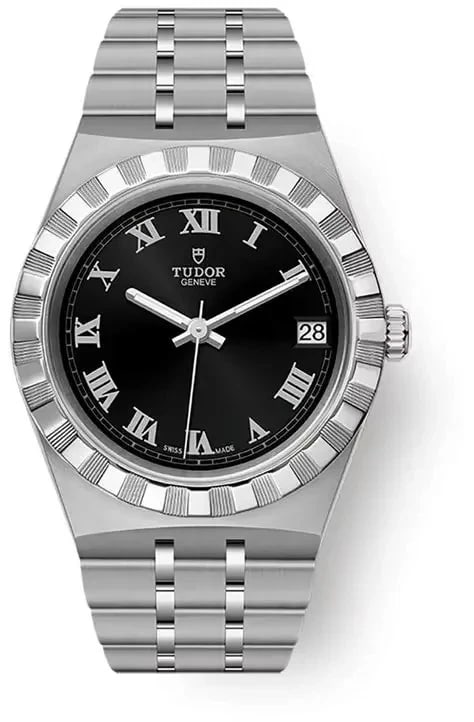 TUDOR ROYAL STAINLESS STEEL BLACK WATCH: TUDOR Royal Stainless Steel Black Watch Brand: TUDOR Type/Style: Wristwatch Material: Case Material Stainless Steel Band Material: Stainless Steel Color: Dial Color: Black Size: Case Diameter: 28 x