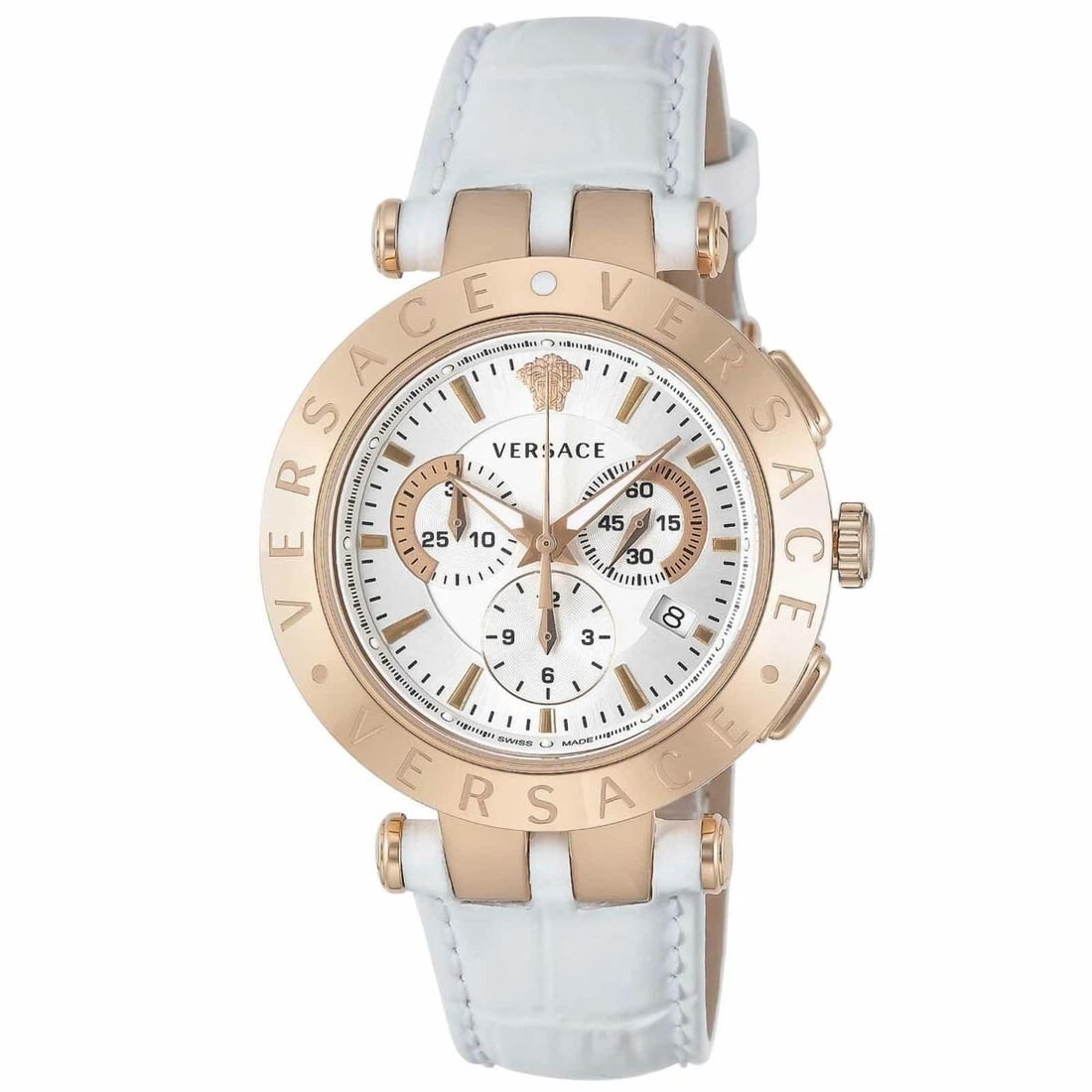 VERSACE V-RACE CHRONO WATCH: VERSACE V-RACE Chrono WATCH Brand: Longines Type/Style: Wristwatch Material: Case Material Stainless steel (IP pink gold) Color: Dial color?White Size: Case: 42mm (H) x 42mm (W) x 11mm (D)