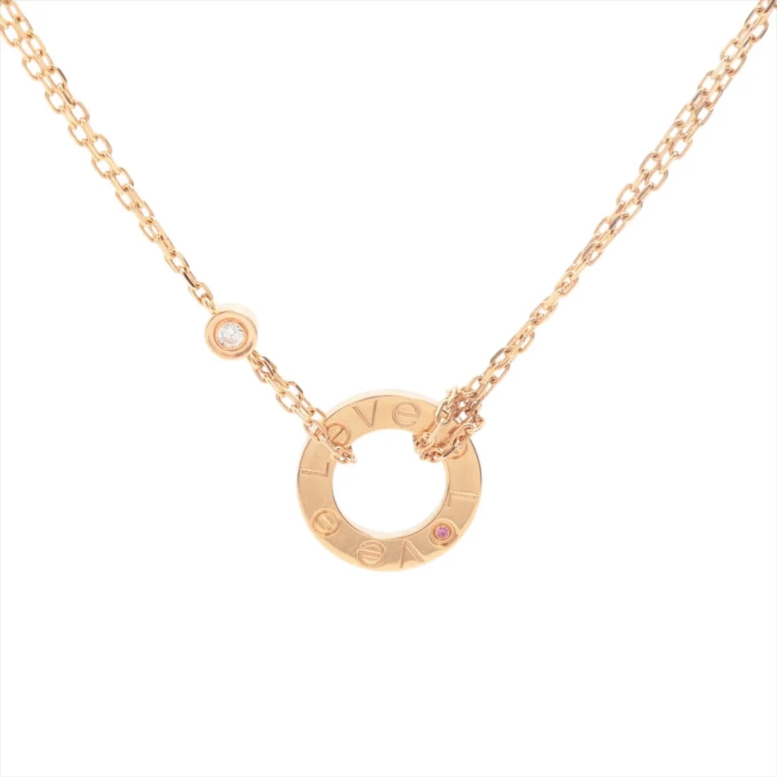 CARTIER LOVE CIRCLE DIAMOND PINK SAPPHIRE NECKLACE 750(PG): Cartier Love Circle diamond Pink sapphire Necklace 750(PG) Brand: Cartier Type/Style: Necklace Material: 750(PG) Color: Size: Chain length:41.6cm Accessories: None Accessories Notice: When