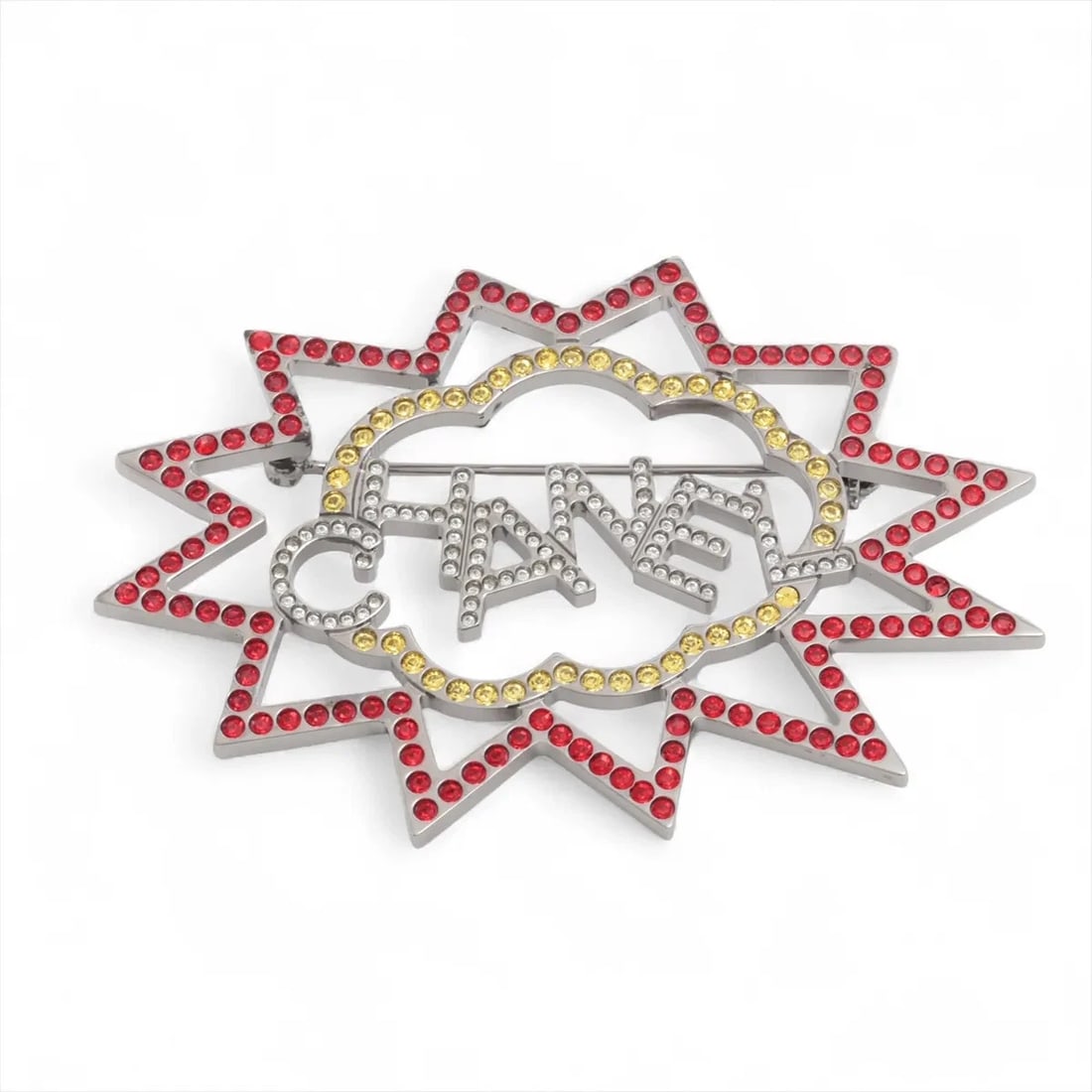 CHANEL LOGO BROOCH GP X RHINESTONE X COLORED STONE SILVER: Chanel Logo Brooch GP x rhinestone x colored stone Silver Brand: Chanel Type/Style: Brooch Material: GP x rhinestone x colored stone Color: Silver Size: none Accessories: None Accessories Notice: