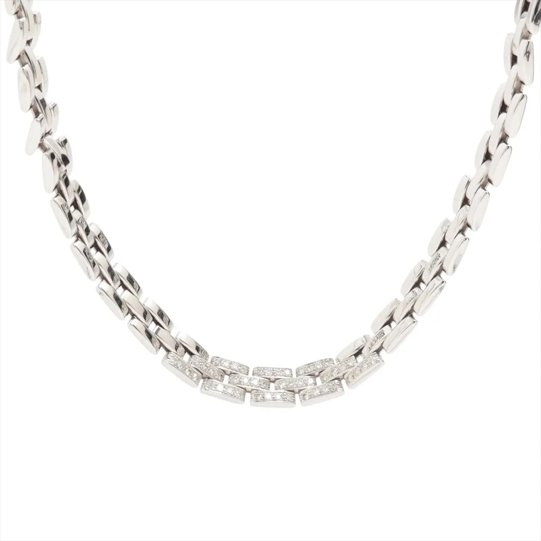 CARTIER MAILLON PANTHERE DIAMOND NECKLACE 750(WG): Cartier Maillon Panthere diamond Necklace 750(WG) Brand: Cartier Type/Style: Necklace Material: 750(WG) Color: Silver Size: Chain length:39cm Accessories: None Accessories Notice: When purchasing