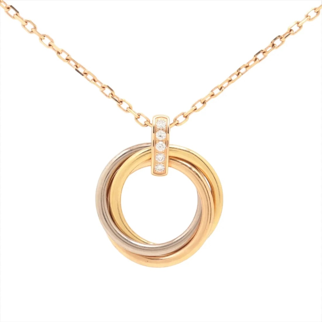 CARTIER TRINITY DIAMOND NECKLACE 750(YG?PG?WG): Cartier Trinity diamond Necklace 750(YG?PG?WG) Brand: Cartier Type/Style: Necklace Material: 750(YG?PG?WG) Color: YG?PG?WG Size: Chain length:41.1cm Accessories: None Accessories Notice: When