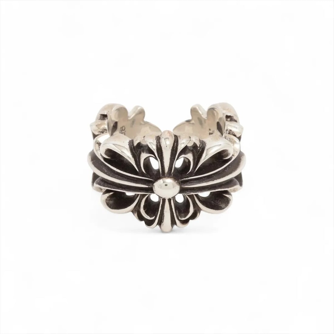 CHROME HEARTS DOUBLE FLORAL CLOTH RING 925: Chrome Hearts Double floral cloth Ring 925 Brand: Chrome Hearts Type/Style: Ring Material: 925 Color: Silver Size: 7.75 - 8 US Accessories: None Accessories Notice: When purchasing pre-owned goods,