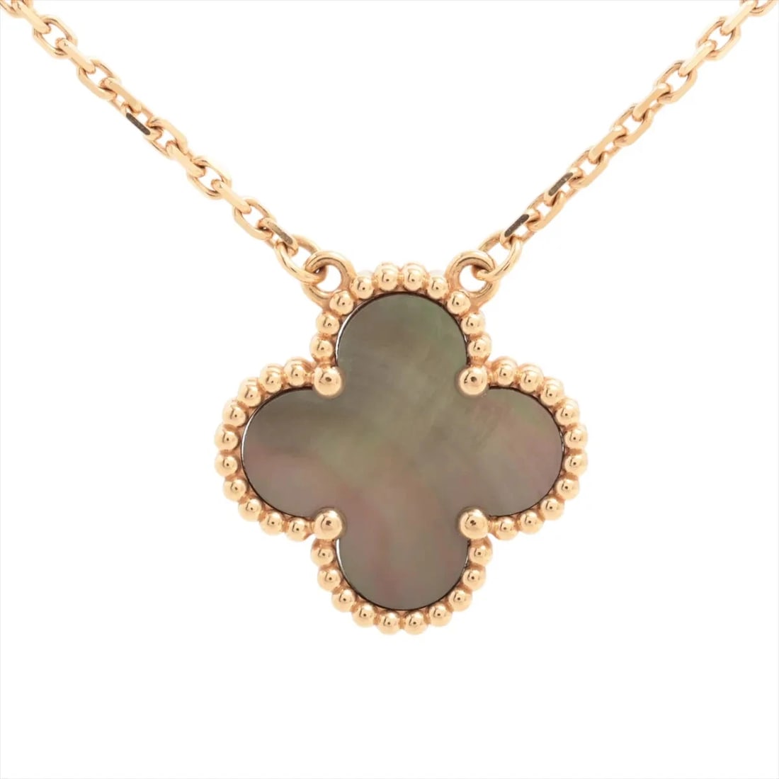 VAN CLEEF & ARPELS ALHAMBRA GRAY NECKLACE 750(PG): Van Cleef & Arpels Alhambra Gray Necklace 750(PG) Brand: Van Cleef & Arpels Type/Style: Necklace Material: 750(PG) Color: Pink Gold Size: Chain length:41.8cm Accessories: None Accessories Notice: