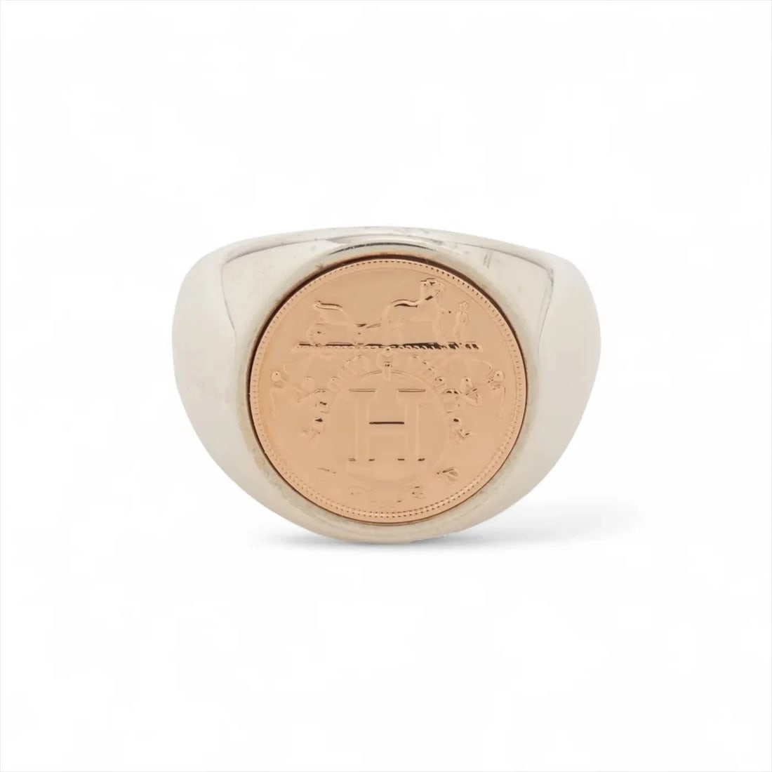 HERMES EX-LIBRIS RING 925?750 SILVER X GOLD: Hermes Ex-Libris Ring 925?750 Silver x gold Brand: Hermes Type/Style: Ring Material: 925?750 Color: Silver x gold Size: 5.5 - 5.75 US Accessories: None Accessories Notice: When purchasing