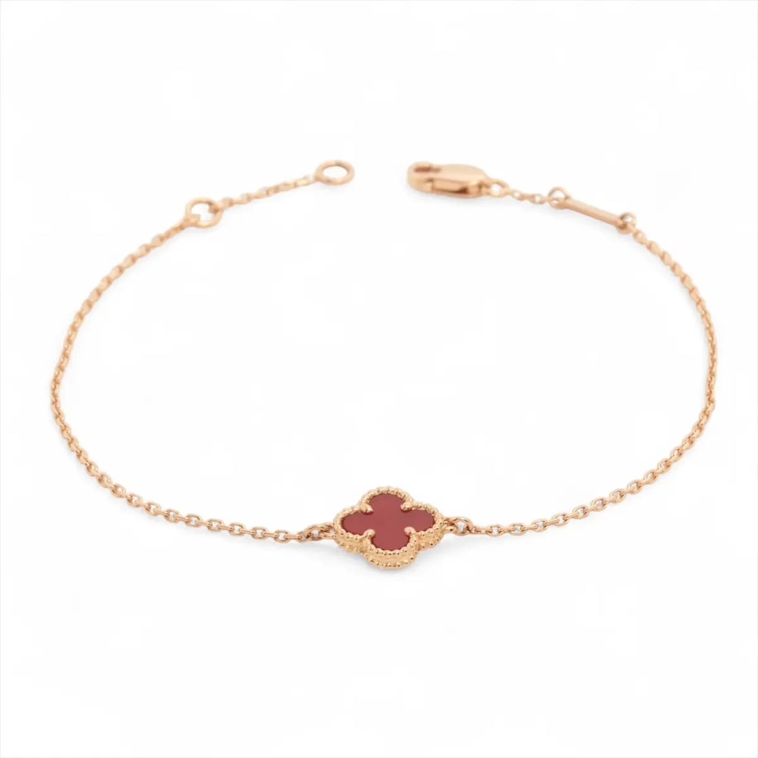 VAN CLEEF & ARPELS SWEET ALHAMBRA CARNELIAN BRACELET 750(PG): Van Cleef & Arpels Sweet Alhambra Carnelian Bracelet 750(PG) Brand: Van Cleef & Arpels Type/Style: Bracelet Material: 750(PG) Color: Pink Gold Size: Bracelet length:17.5cm Accessories: None