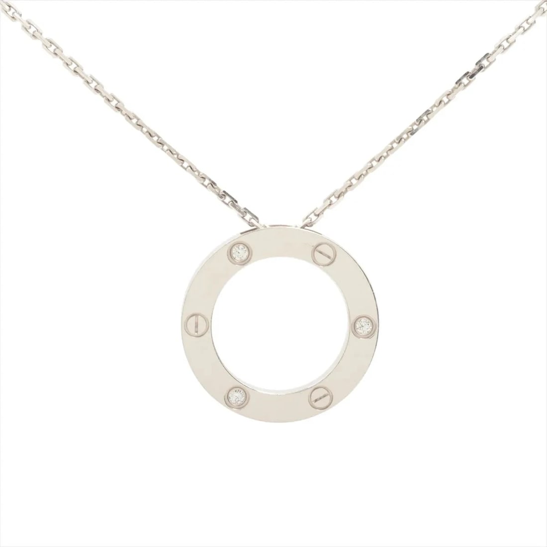 CARTIER LOVE CIRCLE HALF DIAMOND NECKLACE 750(WG): Cartier Love Circle half diamond Necklace 750(WG) Brand: Cartier Type/Style: Necklace Material: 750(WG) Color: White Gold Size: Chain length:42.1cm Accessories: None Accessories Notice: When