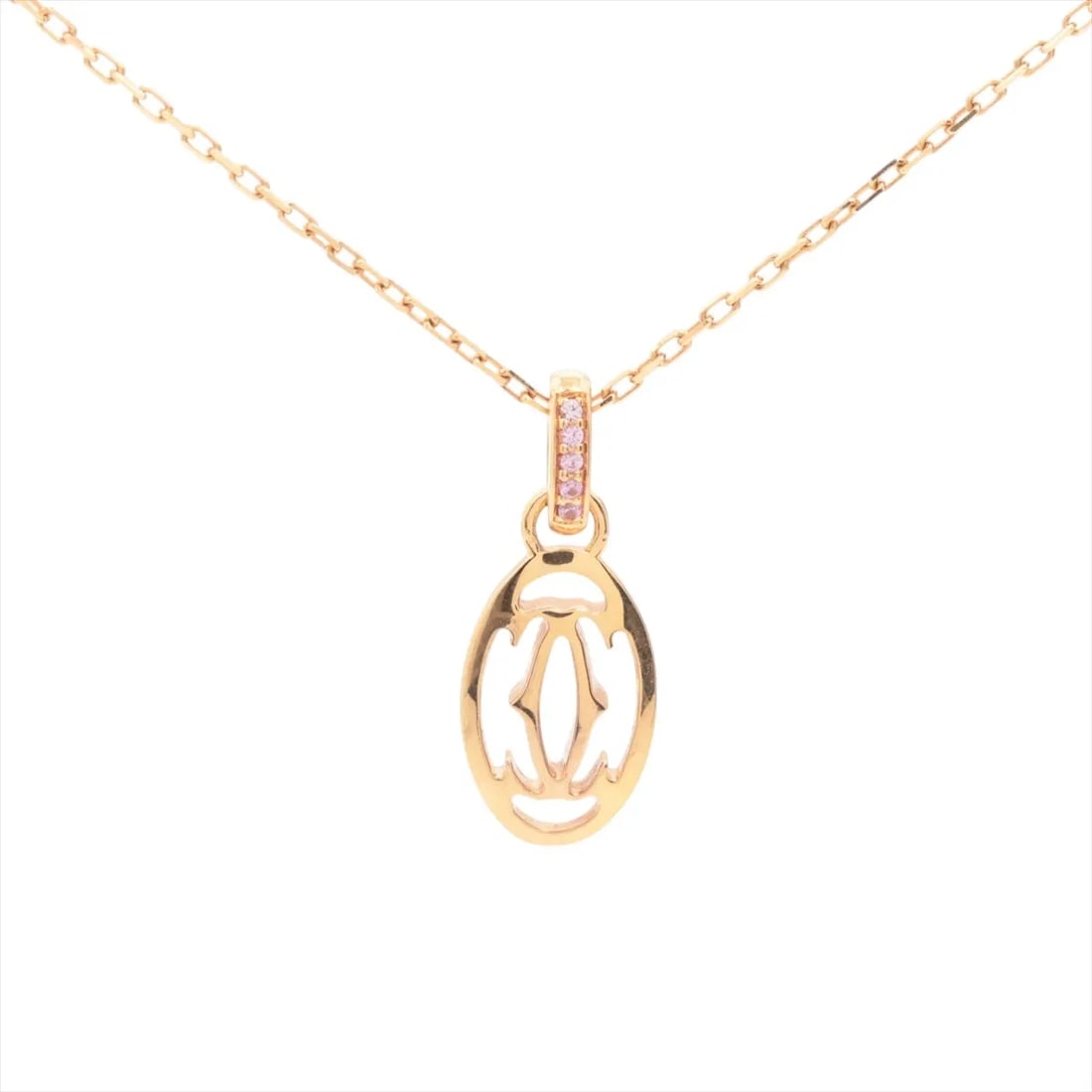 CARTIER LOGO DOUBLE C PINK SAPPHIRE NECKLACE 750(PG): Cartier Logo Double C Pink sapphire Necklace 750(PG) Brand: Cartier Type/Style: Necklace Material: 750(PG) Color: Pink Gold Size: Chain length:41.3cm Accessories: None Accessories Notice: When