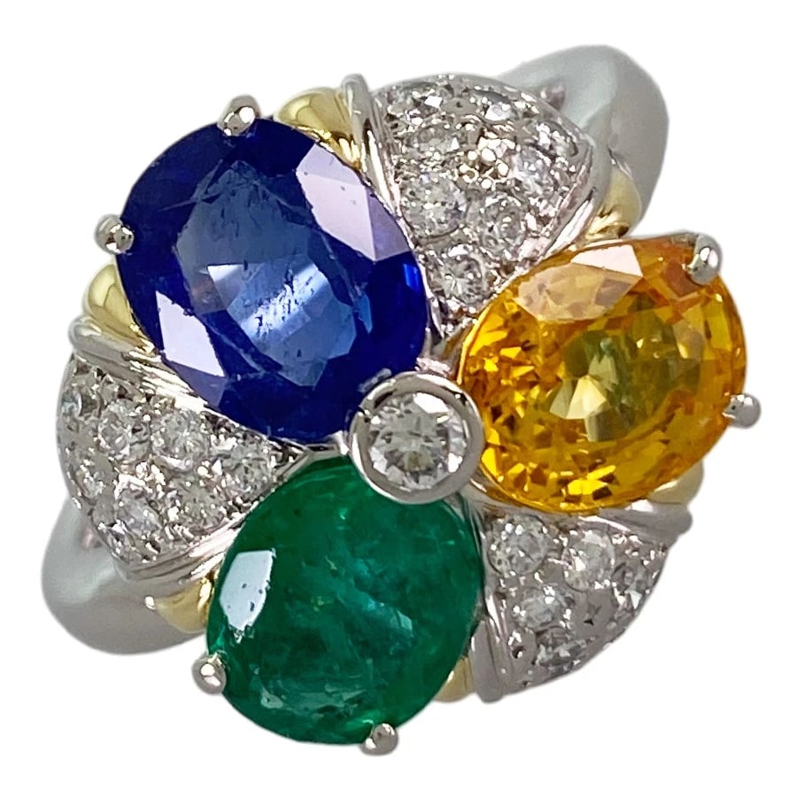 RING PLATINUM YELLOW GOLD SAPPHIRE EMERALD DIAMOND: Ring Platinum Yellow gold Sapphire Emerald Diamond Brand: Unsigned Jewelry Type/Style: Ring Material: Platinum 900 18K Yellow Gold Main Stone Sapphire Color: Silver YG Size: US 5.5-6 Accessories: