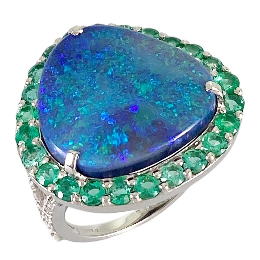 RING PLATINUM BLACK OPAL EMERALD DIAMOND: Ring Platinum Black Opal Emerald Diamond Brand: Unsigned Jewelry Type/Style: Ring Material: Platinum 950 Main Stone Opal Color: Silver Size: US 6.5 Accessories: None Accessories Notice: Wh