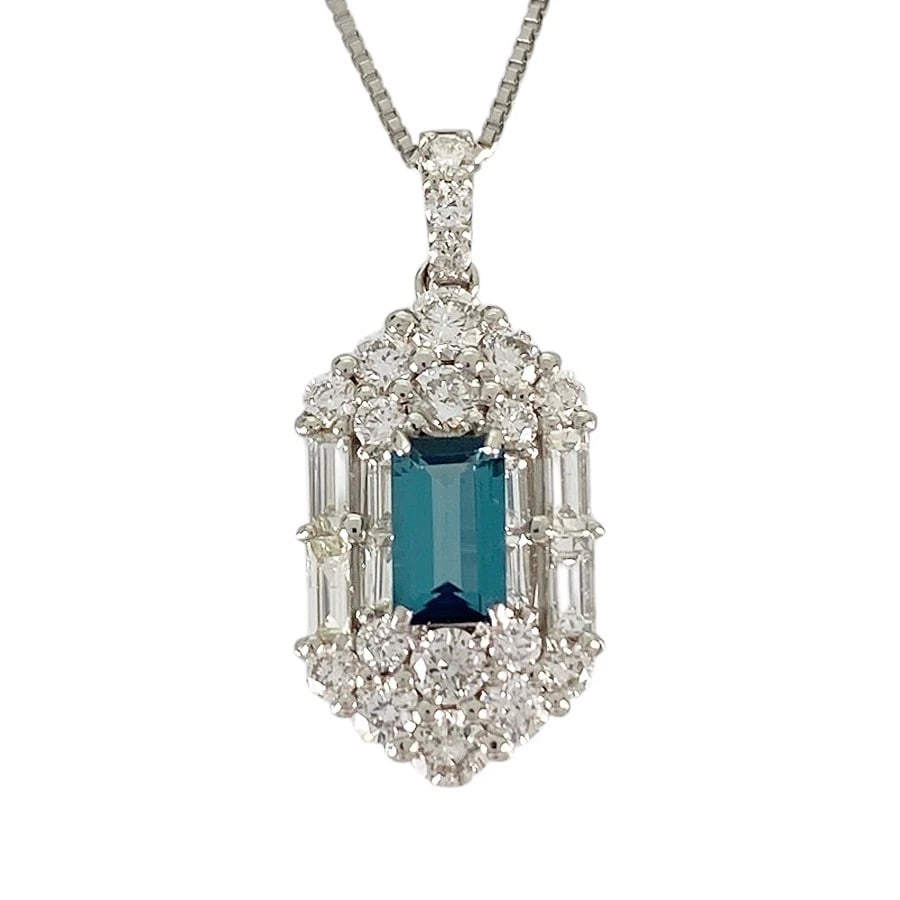 NECKLACE PLATINUM TOURMALINE DIAMOND: Necklace Platinum Tourmaline Diamond Brand: Unsigned Jewelry Type/Style: Necklace Material: Platinum 900 Platinum 850 Main Stone Tourmaline Color: Silver Size: Top size:18.1mmx8.3mm Necklace full