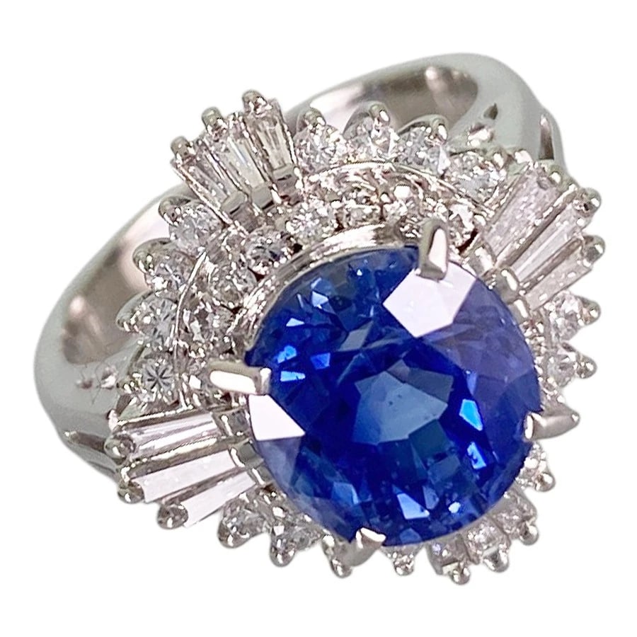 RING PLATINUM SAPPHIRE DIAMOND: Ring Platinum Sapphire Diamond Brand: Unsigned Jewelry Type/Style: Ring Material: Platinum 900 Main Stone Sapphire Color: Silver Size: US 5 Accessories: None Accessories Notice: When purchasing