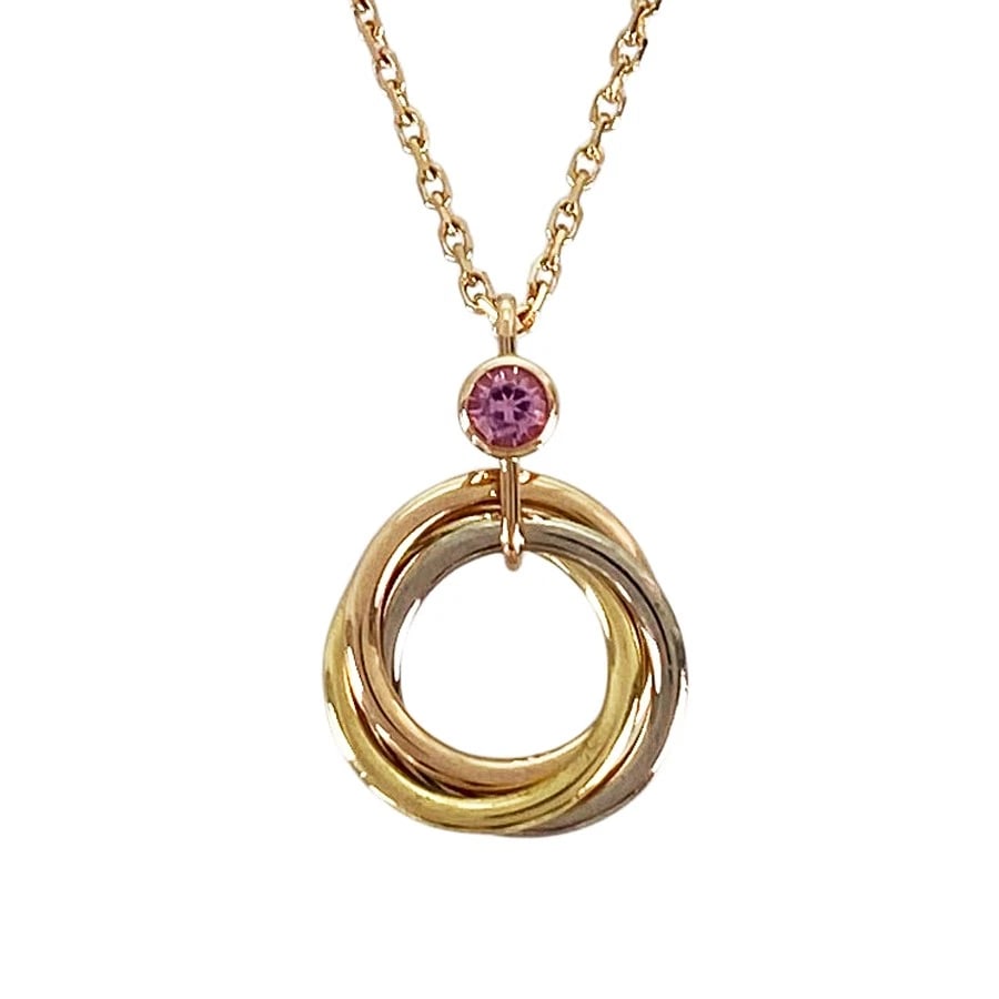 CARTIER BABY TRINITY YELLOW GOLD PINK SAPPHIRE NECKLACE: Cartier Baby Trinity Yellow gold Pink Sapphire Necklace Brand: Cartier Type/Style: Necklace Material: 18K Yellow Gold 18K White Gold 18K Rose Gold Main Stone Sapphire Color: YG WG RG Size: Top