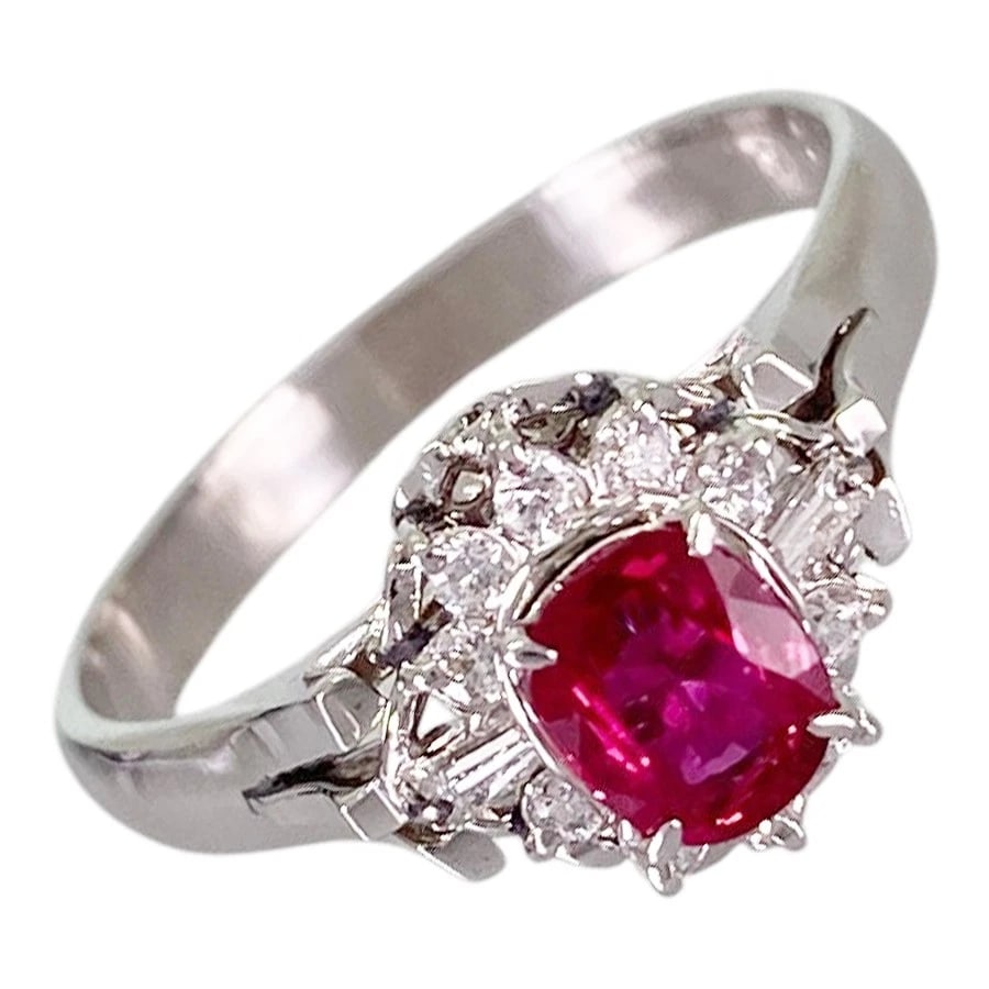 RING PLATINUM RUBY DIAMOND: Ring Platinum Ruby Diamond Brand: Unsigned Jewelry Type/Style: Ring Material: Platinum 900 Main Stone Ruby Color: Silver Size: US 6.5 Accessories: None Accessories Notice: When purchasing pre-owned