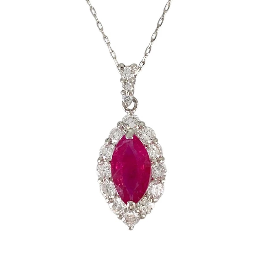 NECKLACE PLATINUM RUBY DIAMOND: Necklace Platinum Ruby Diamond Brand: Unsigned Jewelry Type/Style: Necklace Material: Platinum 950 Platinum 900 Main Stone Ruby Color: Silver Size: Top size:20.0mmx8.5mm Necklace full length:44.5cm