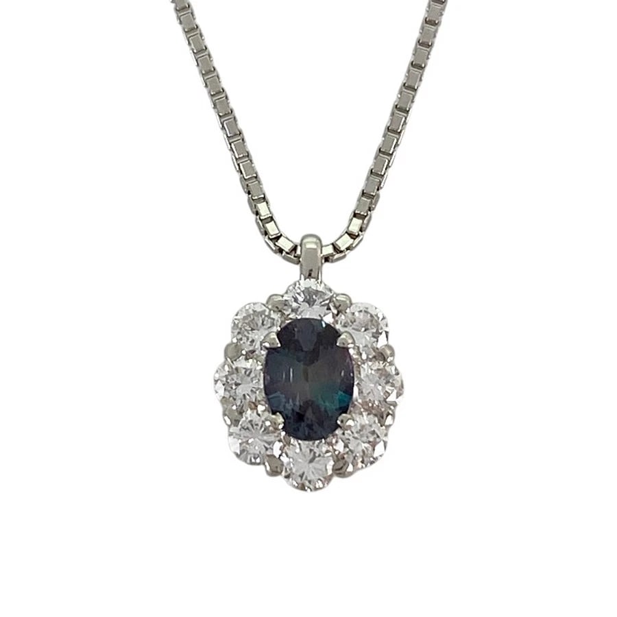 NECKLACE PLATINUM PLATINUM ALEXANDRITE DIAMOND: Necklace Platinum Platinum Alexandrite Diamond Brand: Unsigned Jewelry Type/Style: Necklace Material: Platinum 900 Platinum 850 Main Stone Alexandrite Color: Silver Size: Top size (not including