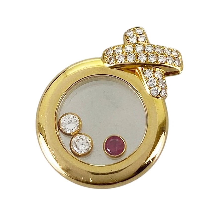 CHOPARD HAPPY DIAMOND YELLOW GOLD DIAMOND RUBY PENDANT TOP: Chopard Happy Diamond Yellow gold Diamond Ruby Pendant top Brand: Chopard Type/Style: Pendant top Material: 18K Yellow Gold Color: Gold Size: Top size:24.1mmx18.9mm Accessories: None Accessories