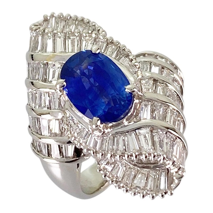 RING PLATINUM SAPPHIRE DIAMOND: Ring Platinum Sapphire Diamond Brand: Unsigned Jewelry Type/Style: Ring Material: Platinum 900 Main Stone Sapphire Color: Silver Size: US 6.5 Accessories: None Accessories Notice: When purchasing