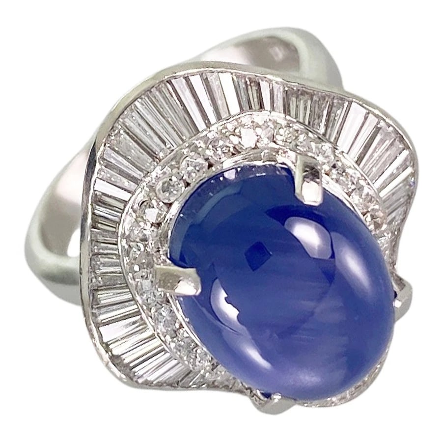 RING PLATINUM STAR SAPPHIRE DIAMOND: Ring Platinum Star Sapphire Diamond Brand: Unsigned Jewelry Type/Style: Ring Material: Platinum 900 Main Stone Sapphire Color: Silver Size: US 7.5 Accessories: None Accessories Notice: When