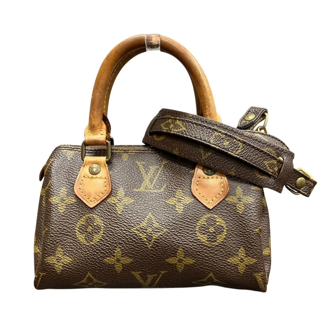 LOUIS VUITTON MINI SPEEDY SHOULDER BAG: Louis Vuitton Mini Speedy Shoulder Bag Brand: Louis Vuitton Type/Style: Shoulder bag Material: PVC Color: Brown Size: (HxWxD) 11cm x 15cm x 7cm / 4.33inch x 5.9inch x 2.75inch Accessories: None