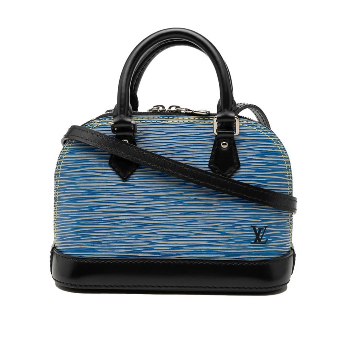 LOUIS VUITTON EPI DENIM NANO ALMA HANDBAG: Louis Vuitton Epi Denim Nano Alma Handbag Brand: Louis Vuitton Type/Style: Handbag, Shoulder bag Material: Leather Color: Black, Blue Size: (HxWxD) 12.5cm x 17cm x 8cm / 4.92inch x 6.69inch x 3.14inch