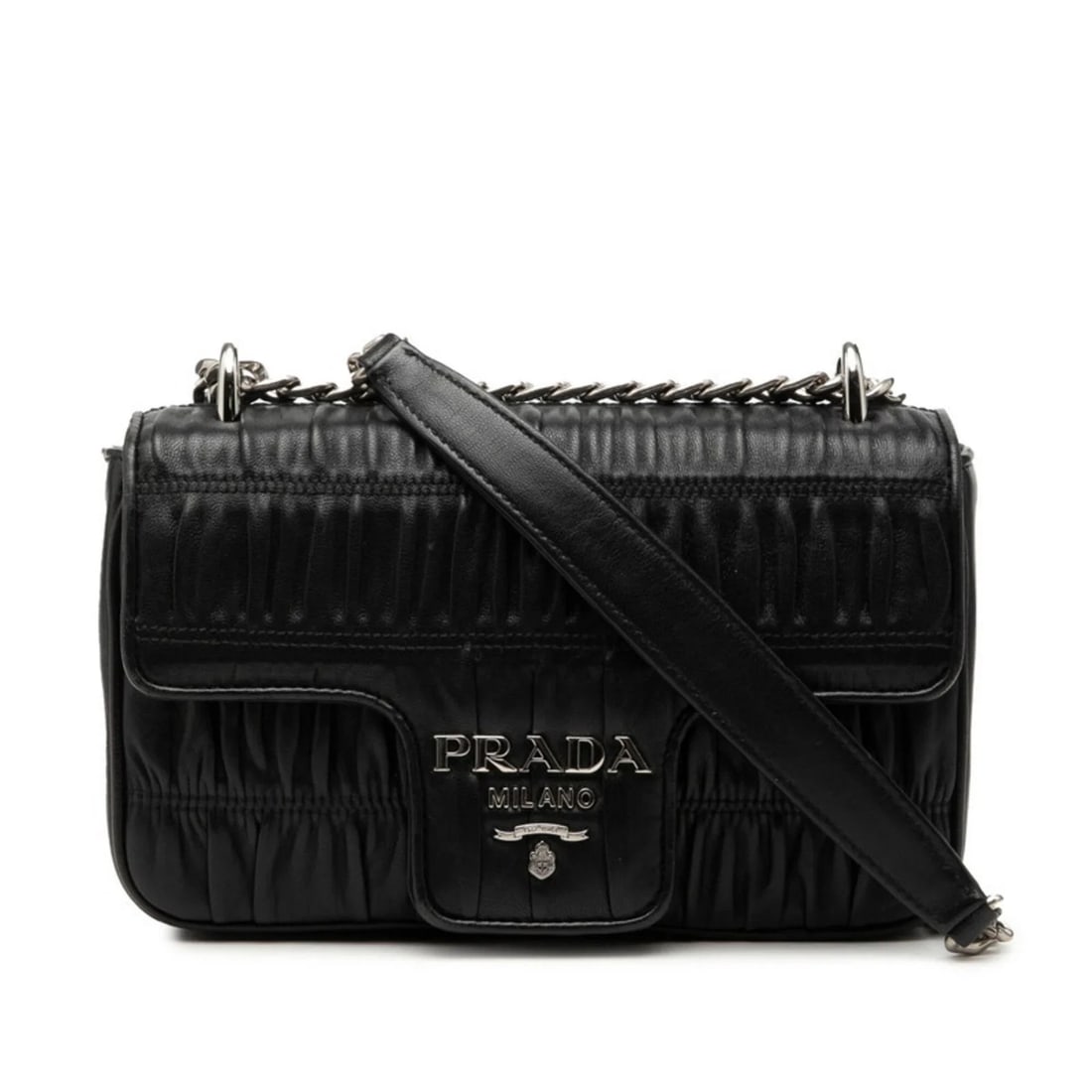 PRADA NAPPA GAUFRE GATHERED CROSSBODY CHAIN SHOULDER BAG: Prada Nappa Gaufre Gathered Crossbody Chain Shoulder Bag Brand: Prada Type/Style: Shoulder bag Material: Leather Color: Black Size: (HxWxD) 13.5cm x 22cm x 5.5cm / 5.31inch x 8.66inch x 2.16inch A