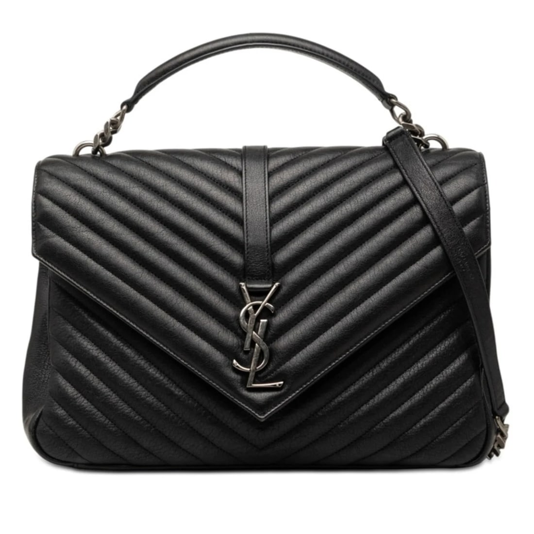 SAINT LAURENT YSL LOGO V-STITCH HANDBAG: Saint Laurent YSL Logo V-Stitch Handbag Brand: Saint Laurent Type/Style: Handbag, Shoulder bag Material: Leather Color: Black Size: (HxWxD) 21cm x 30.5cm x 7.5cm / 8.26inch x 12inch x 2.95inch