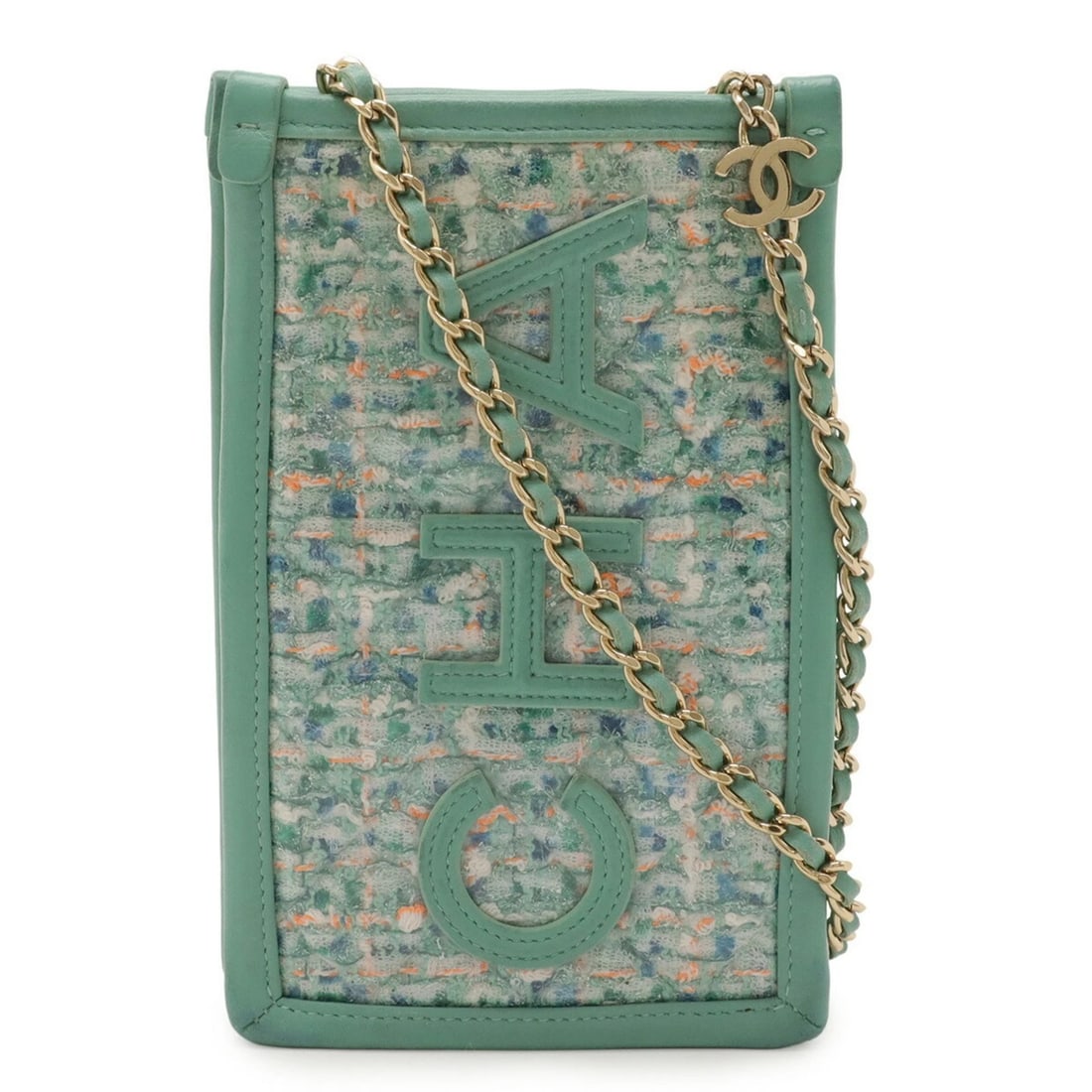 CHANEL TWEED CHAIN SHOULDER BAG/POUCH: CHANEL Tweed Chain Shoulder Bag/Pouch Brand: Chanel Type/Style: Shoulder bag Material: Tweed , Vinyl , Leather Color: Blue green, Clear, Multi-color Size: (HxWxD) 18cm x 11.5cm x 4cm / 7.08inch x 4.52