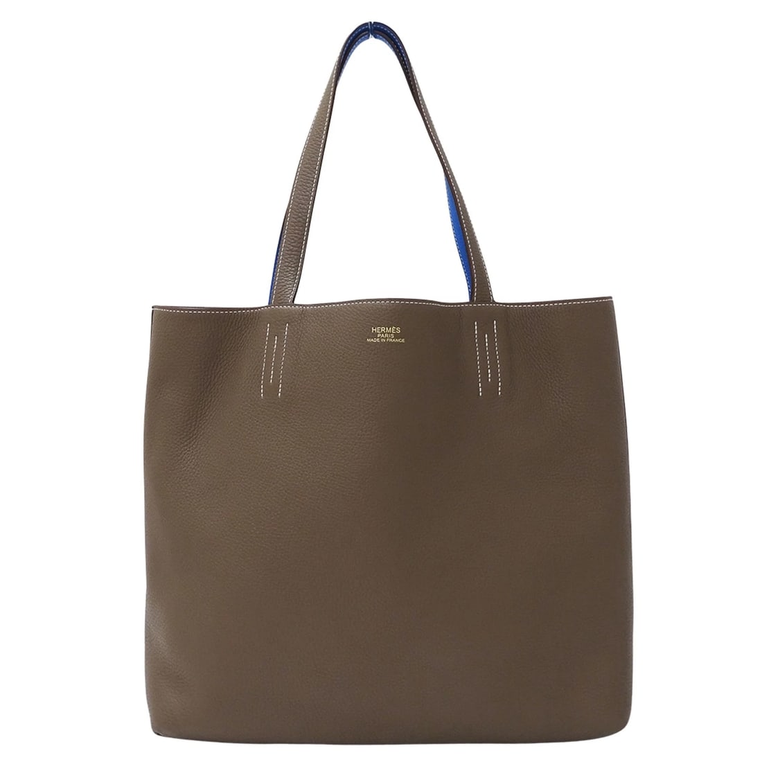 HERMES HANDBAG, TOTE BAG: Hermes handbag, tote bag Brand: Hermes Type/Style: Handbag, Tote bag Material: Taurillon clemence leather Color: Blue, Etoupe gray Size: (HxWxD) 34cm x 35cm x 12cm / 13.38inch x 13.77inch x 4.72inch