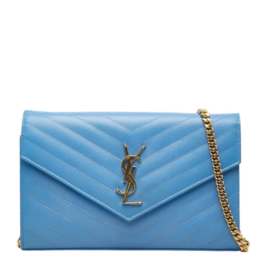 SAINT LAURENT CASSANDRA ENVELOPE CHAIN WALLET SHOULDER BAG: Saint Laurent Cassandra Envelope Chain Wallet Shoulder Bag Brand: Saint Laurent Type/Style: Shoulder bag Material: Leather Color: Blue, Gold Size: (HxWxD) 14.5cm x 22.5cm x 3cm / 5.7inch x 8.85inch x