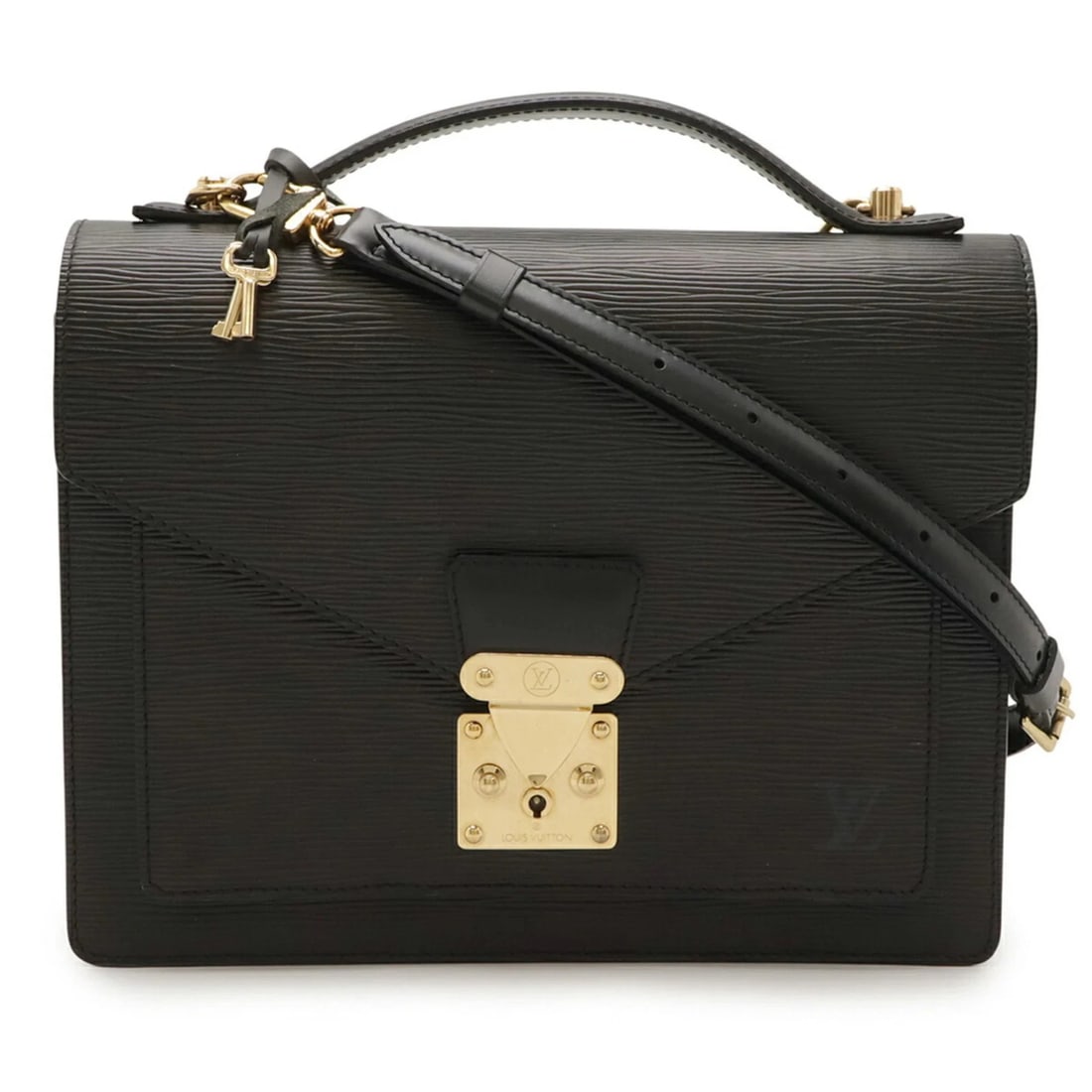 LOUIS VUITTON EPI MONCEAU HANDBAG, CLUTCH BAG: LOUIS VUITTON Epi Monceau Handbag, Clutch Bag Brand: Louis Vuitton Type/Style: Handbag, Shoulder bag Material: Epi leather Color: Black, Galle, Noir Size: (HxWxD) 22.5cm x 28cm x 7cm / 8.85inch x