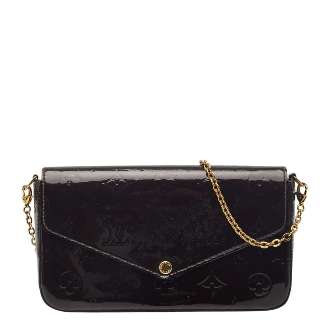 LOUIS VUITTON MONOGRAM VERNIS CHAIN SHOULDER BAG: Louis Vuitton Monogram Vernis Chain Shoulder Bag Brand: Louis Vuitton Type/Style: Pochette, Shoulder bag Material: Patent leather Color: Amarante, Monogram, Purple Size: (HxWxD) 12cm x 21.5cm x 3cm /