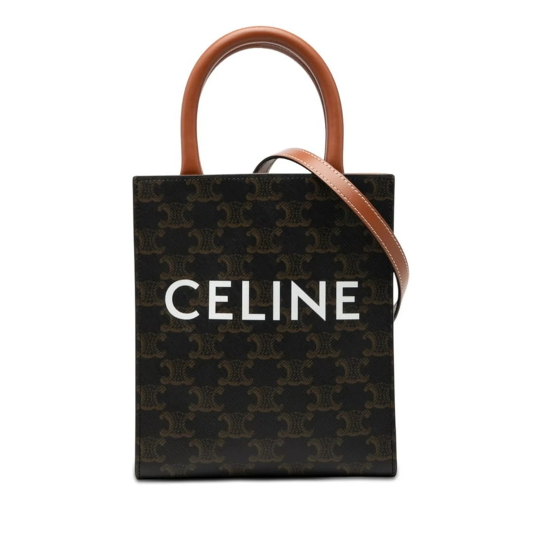 CELINE TRIOMPHE VERTICAL CABAS MINI HANDBAG SHOULDER BAG: Celine Triomphe Vertical Cabas Mini Handbag Shoulder Bag Brand: Celine Type/Style: Handbag, Shoulder bag Material: PVC , Leather Color: Brown Size: (HxWxD) 20cm x 17cm x 5cm / 7.87inch x 6.69inch x