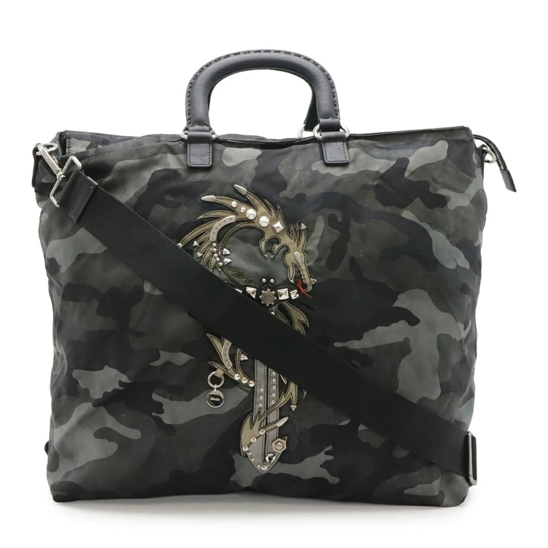 PRADA TOTE BAG, LARGE TOTE, SHOULDER DRAGON: PRADA Tote Bag, Large Tote, Shoulder Dragon Brand: Prada Type/Style: Shoulder bag, Tote bag Material: Nylon Color: Black, Camouflage, Green, Multi-color Size: (HxWxD) 34.5cm x 39.5cm x 15cm / 13.58inc