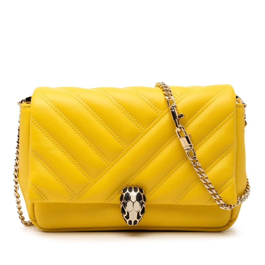 BULGARI SERPENTI CABOCHON CHAIN SHOULDER BAG: Bulgari Serpenti Cabochon Chain Shoulder Bag Brand: Bvlgari Type/Style: Shoulder bag Material: Leather Color: Yellow Size: (HxWxD) 12cm x 19cm x 5.5cm / 4.72inch x 7.48inch x 2.16inch Accessories:
