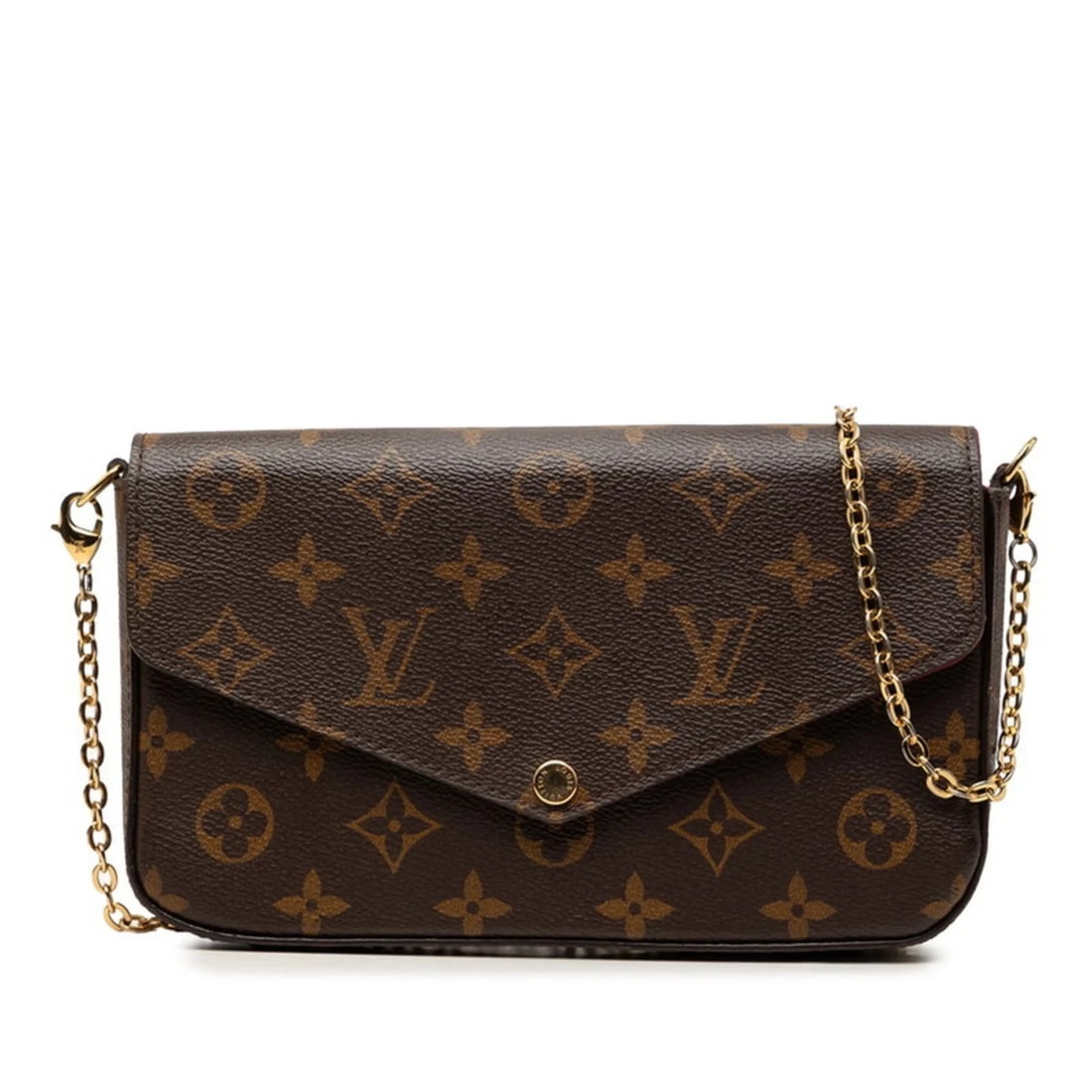 LOUIS VUITTON MONOGRAM POCHETTE FELICIE CHAIN SHOULDER BAG: Louis Vuitton Monogram Pochette Felicie Chain Shoulder Bag Brand: Louis Vuitton Type/Style: Shoulder bag Material: PVC , Leather Color: Brown, Fuchsia Size: (HxWxD) 12cm x 21cm x 3cm / 4.72inch x