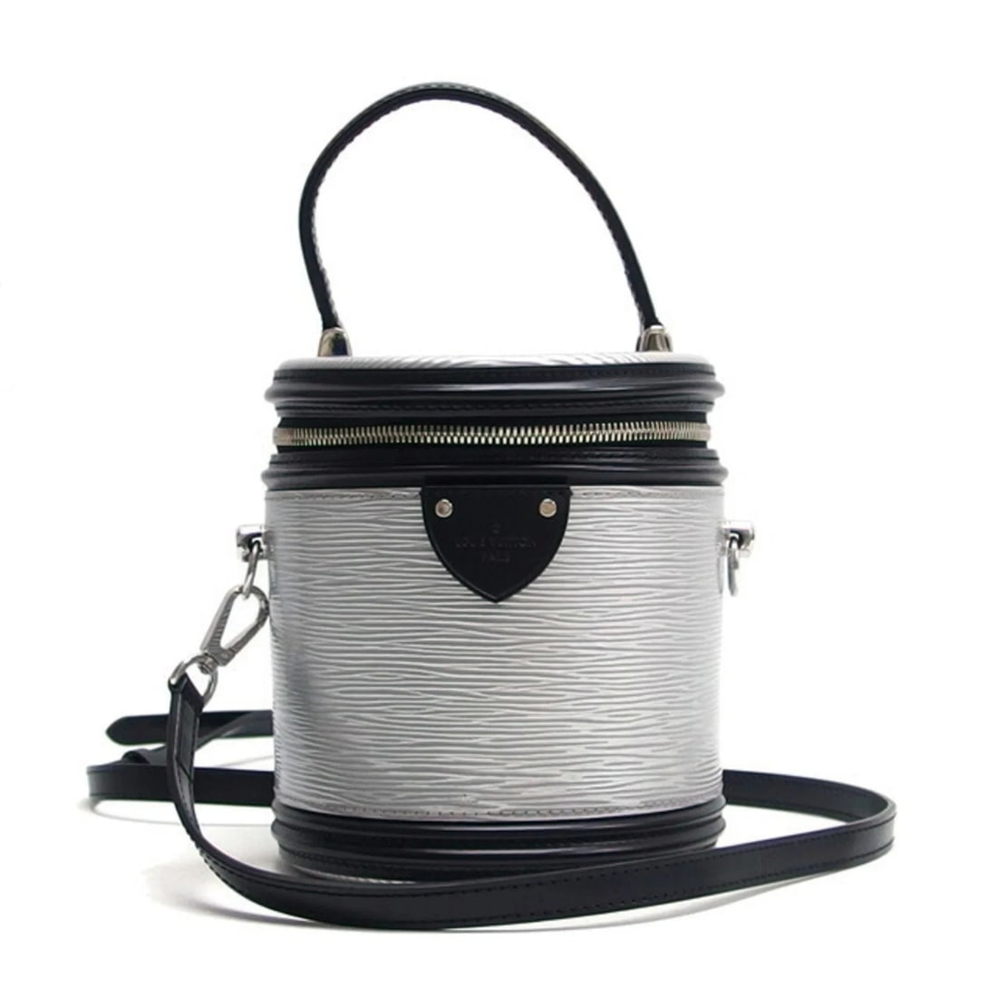LOUIS VUITTON EPI CANNES HANDBAG SILVER X BLACK: Louis Vuitton Epi Cannes Handbag Silver x Black Brand: Louis Vuitton Type/Style: Handbag, Shoulder bag, Vanity bag Material: Epi leather , Leather Color: Noir, Silver Size: (HxWxD) 17.5cm x 15cm x 14c