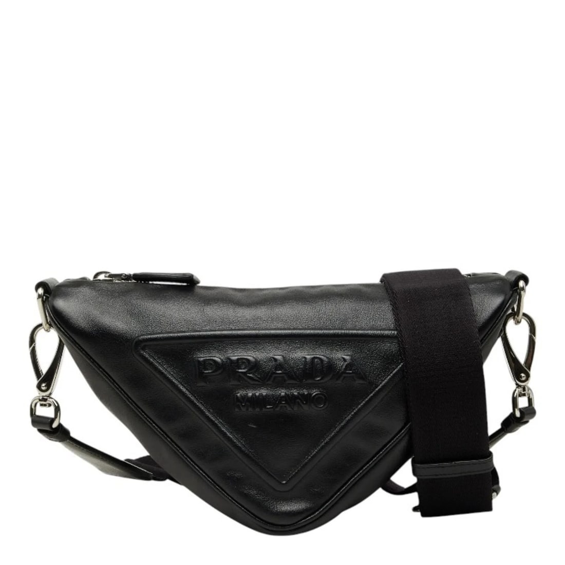 PRADA TRIANGLE LOGO PLATE CROSSBODY SHOULDER BAG: Prada Triangle Logo Plate Crossbody Shoulder Bag Brand: Prada Type/Style: Pouch, Shoulder bag Material: Leather Color: Black Size: (HxWxD) 14cm x 26cm x 12cm / 5.51inch x 10.23inch x 4.72inch Acce