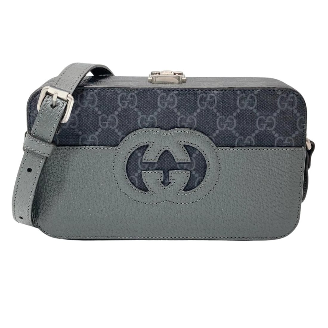 GUCCI CUTOUT INTERLOCKING G SHOULDER BAG: Gucci Cutout Interlocking G Shoulder Bag Brand: Gucci Type/Style: Shoulder bag Material: Leather , GG Supreme Color: Black, Gray Size: (HxWxD) 12cm x 20.5cm x 6cm / 4.72inch x 8.07inch x 2.36inch
