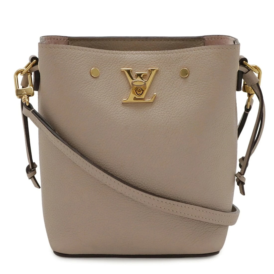 LOUIS VUITTON NANO LOCKME BUCKET SHOULDER BAG: LOUIS VUITTON Nano Lockme Bucket Shoulder Bag Brand: Louis Vuitton Type/Style: Shoulder bag Material: Leather Color: Beige Size: (HxWxD) 16cm x 12.5cm x 9cm / 6.29inch x 4.92inch x 3.54inch